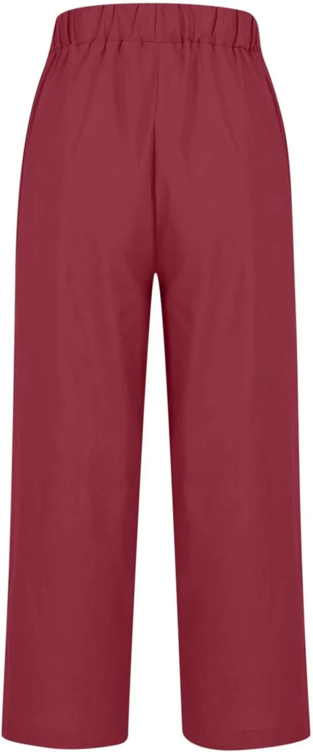 2024 Cotton Linen Pants Women Summer Elastic Waist Crop Pants Plus Size Straight Leg Slack Casual Trouser with Pocket
