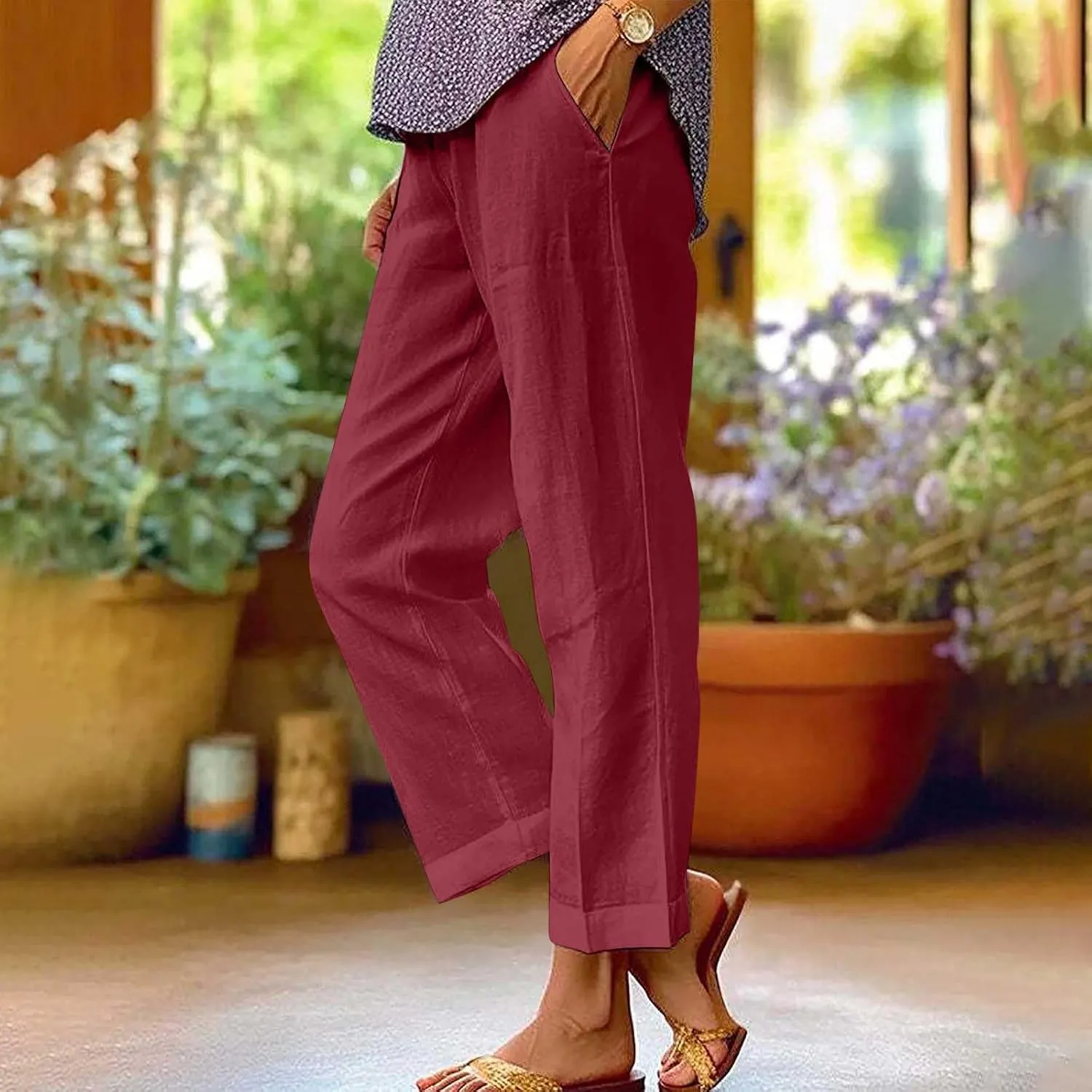 2024 Cotton Linen Pants Women Summer Elastic Waist Crop Pants Plus Size Straight Leg Slack Casual Trouser with Pocket