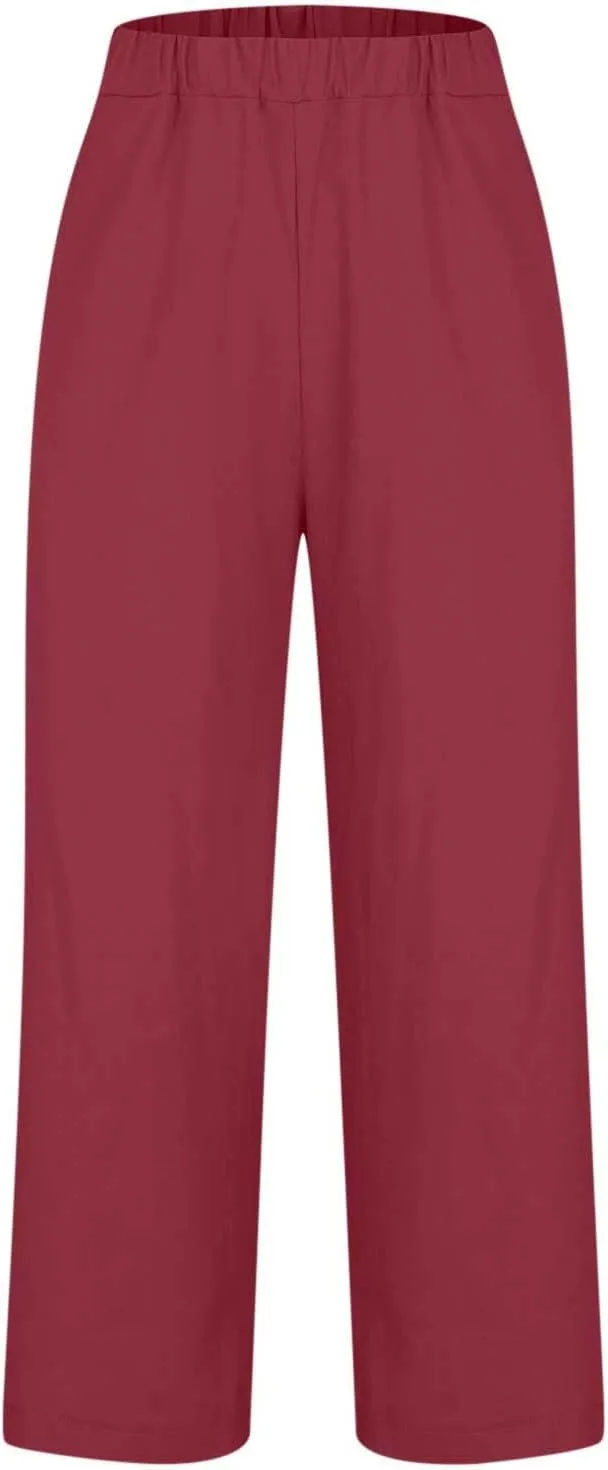 2024 Cotton Linen Pants Women Summer Elastic Waist Crop Pants Plus Size Straight Leg Slack Casual Trouser with Pocket