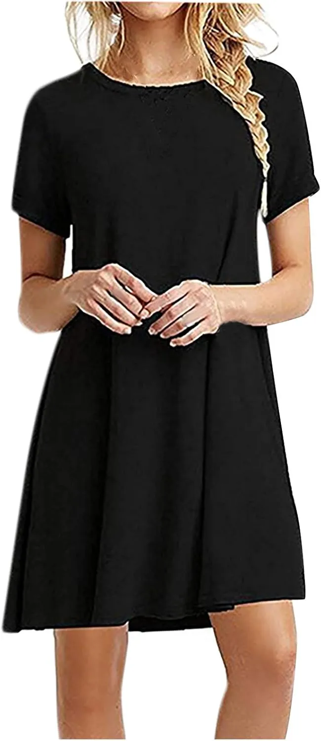 2024 Women's Casul Summer Crewneck Short Sleeve Solid A-Line Beach Vacation Midi Dresses Flowy Sundress Shift Dress