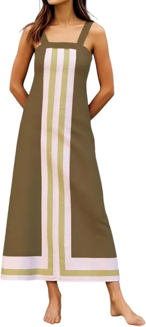 2025 Women Bohemian Floral Dress Summer Casual Color Block Maxi Beach Overall Dress Coverups