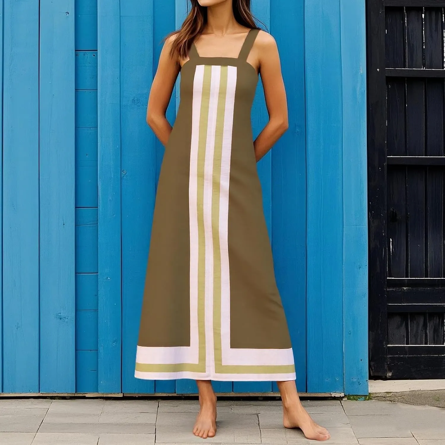2025 Women Bohemian Floral Dress Summer Casual Color Block Maxi Beach Overall Dress Coverups