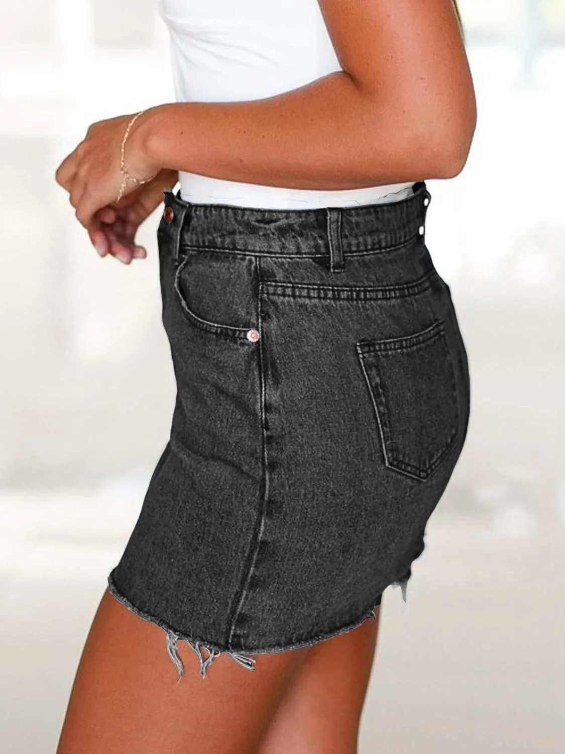 2025 Women's Fringed Denim Mini Skirt - Slim Fit Stretchable High-Waisted A-Line Skirt with Distressed Hem