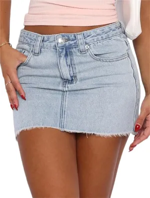 2025 Women's Fringed Denim Mini Skirt - Slim Fit Stretchable High-Waisted A-Line Skirt with Distressed Hem