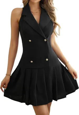 2025 Women's Notch Lapel V Neck Mini Dress Double Breasted Sleeveless, High Waist Pleated Skirt Vintage Audrey Hepburn Style