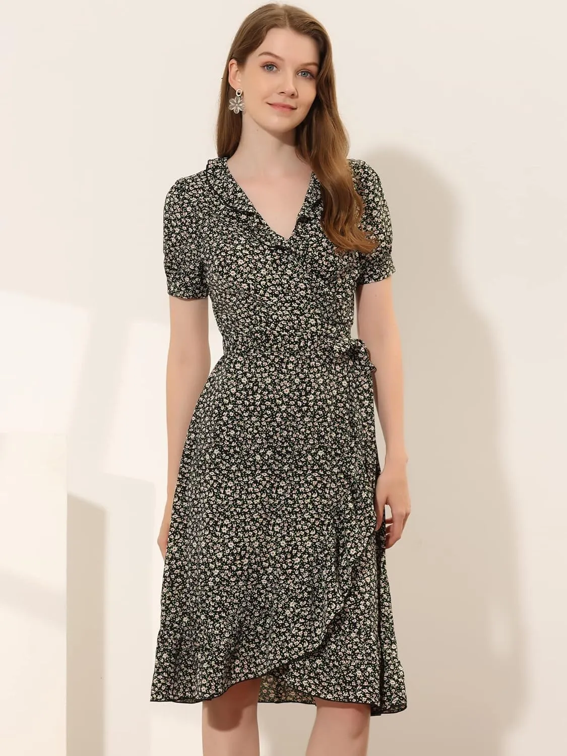 Allegra K Women's Floral Dress Ruffle V Neck Tie Short Sleeve Wrap Midi Dress