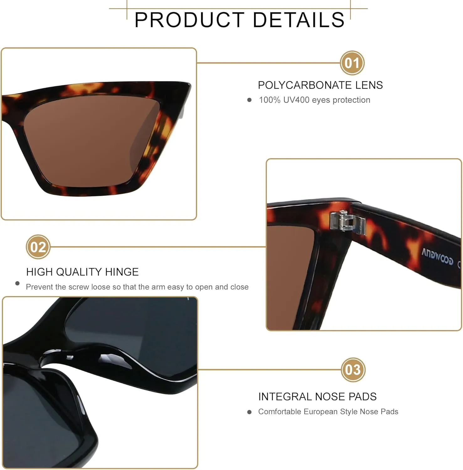 ANDWOOD Cat Eye Sunglasses for Women Polarized Cateye Frames Fashion Vintage Square Classic Retro Sun Glasses