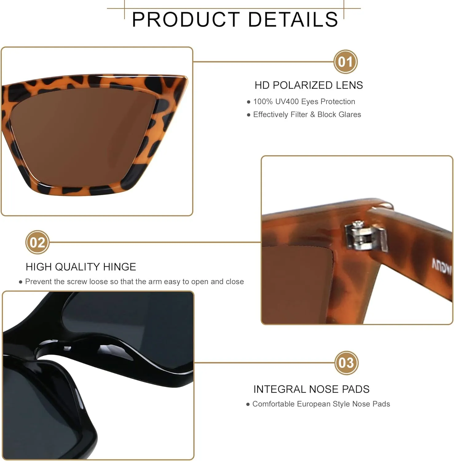 ANDWOOD Cat Eye Sunglasses for Women Polarized Cateye Frames Fashion Vintage Square Classic Retro Sun Glasses