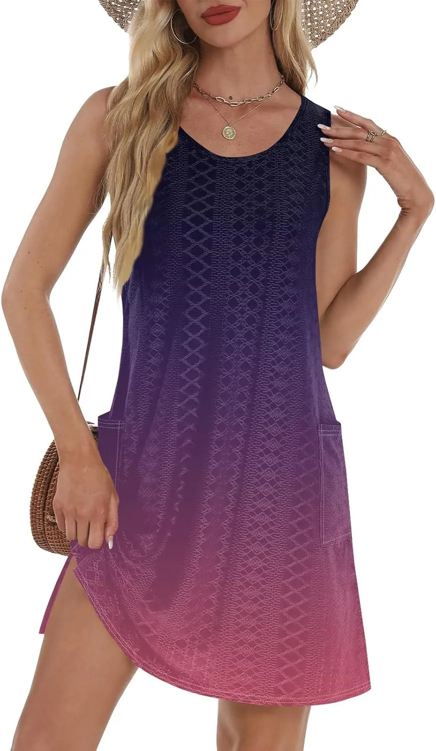 Azeralia Women Casual Loose Sundress Sleeveless Round Neck Mini Beach Tank Dress Travel Vacation 2025 Summer Outfits