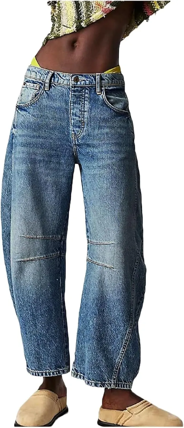 Barrel Jeans Women Casual Trendy Low Rise Baggy Wide Leg Jeans Boyfriend Vintage Cropped Trousers with Pockets