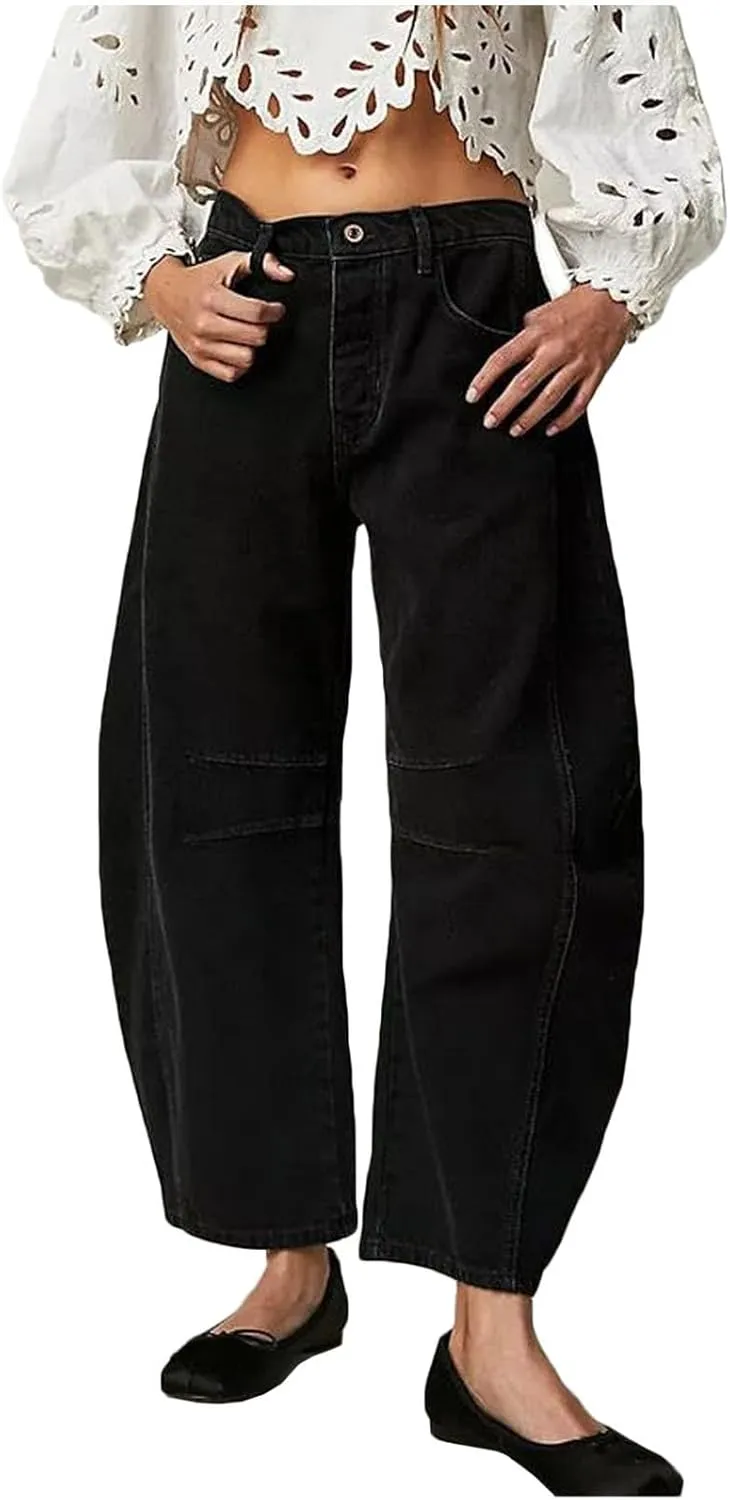 Barrel Jeans Women Casual Trendy Low Rise Baggy Wide Leg Jeans Boyfriend Vintage Cropped Trousers with Pockets