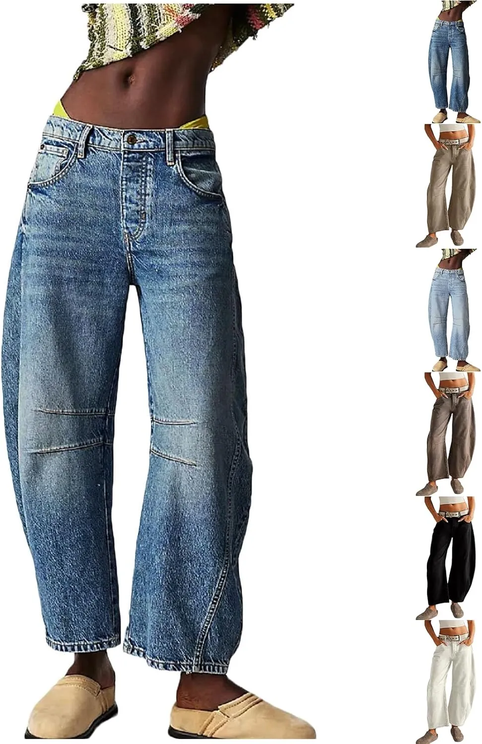 Barrel Jeans Women Casual Trendy Low Rise Baggy Wide Leg Jeans Boyfriend Vintage Cropped Trousers with Pockets