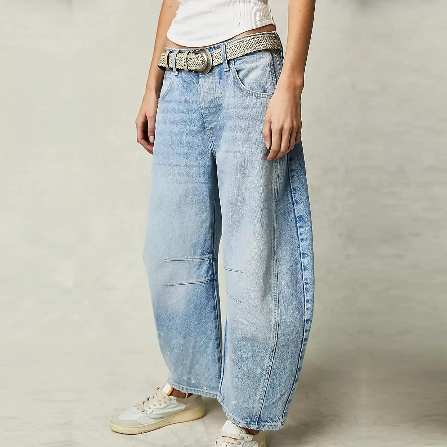 Barrel Jeans Women Casual Trendy Low Rise Baggy Wide Leg Jeans Boyfriend Vintage Cropped Trousers with Pockets