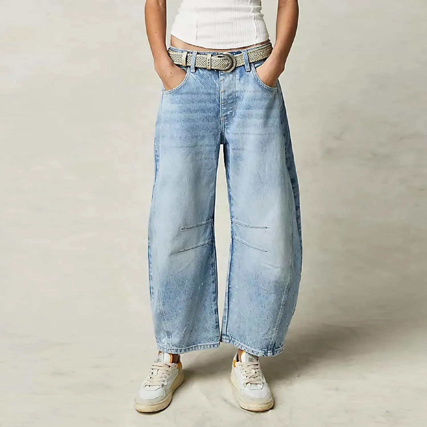 Barrel Jeans Women Casual Trendy Low Rise Baggy Wide Leg Jeans Boyfriend Vintage Cropped Trousers with Pockets