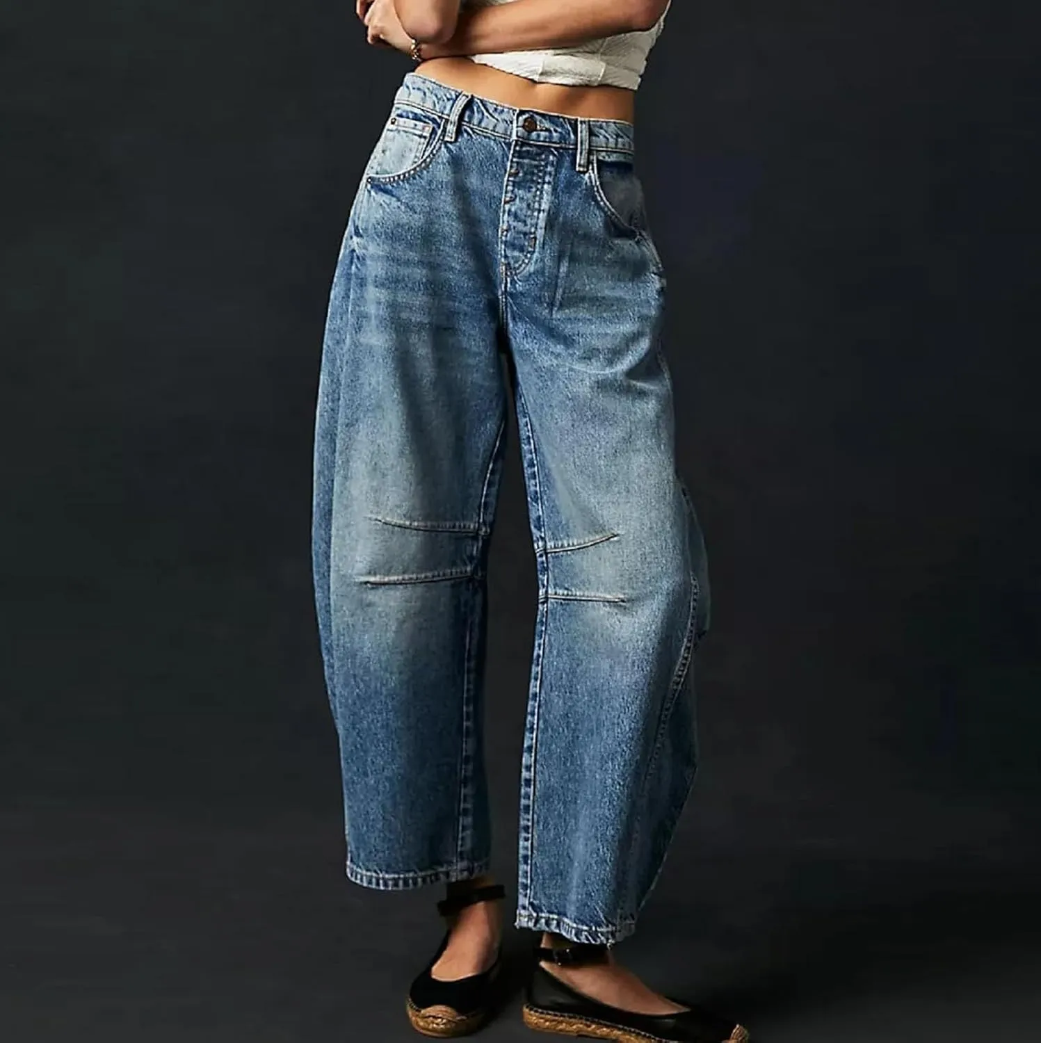 Barrel Jeans Women Casual Trendy Low Rise Baggy Wide Leg Jeans Boyfriend Vintage Cropped Trousers with Pockets