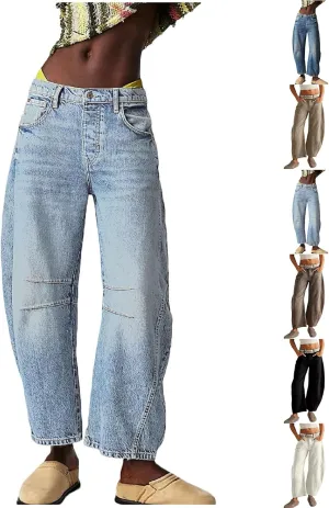 Barrel Jeans Women Casual Trendy Low Rise Baggy Wide Leg Jeans Boyfriend Vintage Cropped Trousers with Pockets