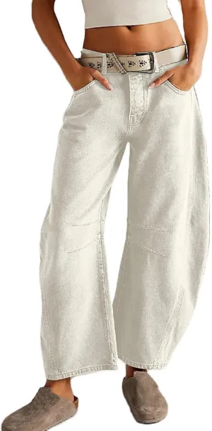 Barrel Jeans Women Casual Trendy Low Rise Baggy Wide Leg Jeans Boyfriend Vintage Cropped Trousers with Pockets