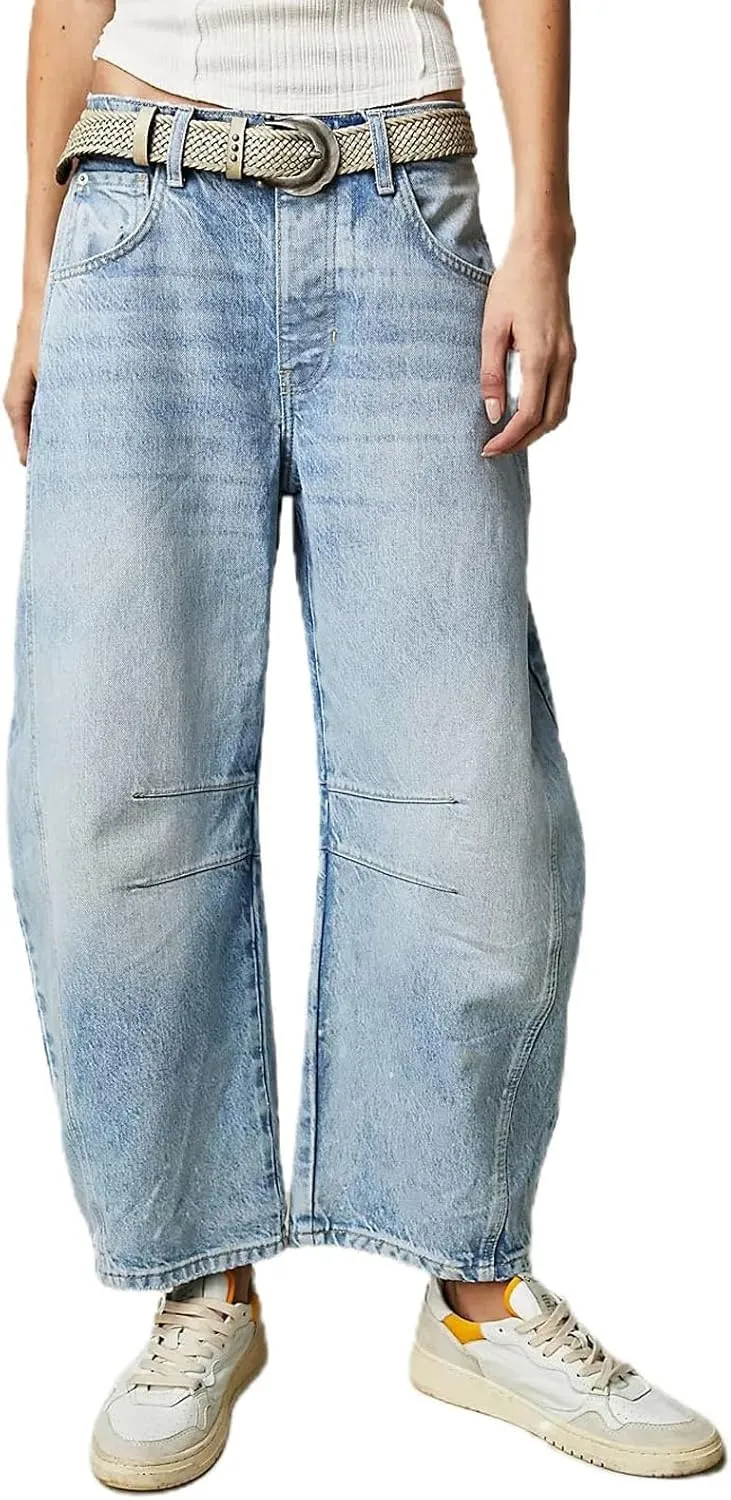 Barrel Jeans Women Casual Trendy Low Rise Baggy Wide Leg Jeans Boyfriend Vintage Cropped Trousers with Pockets