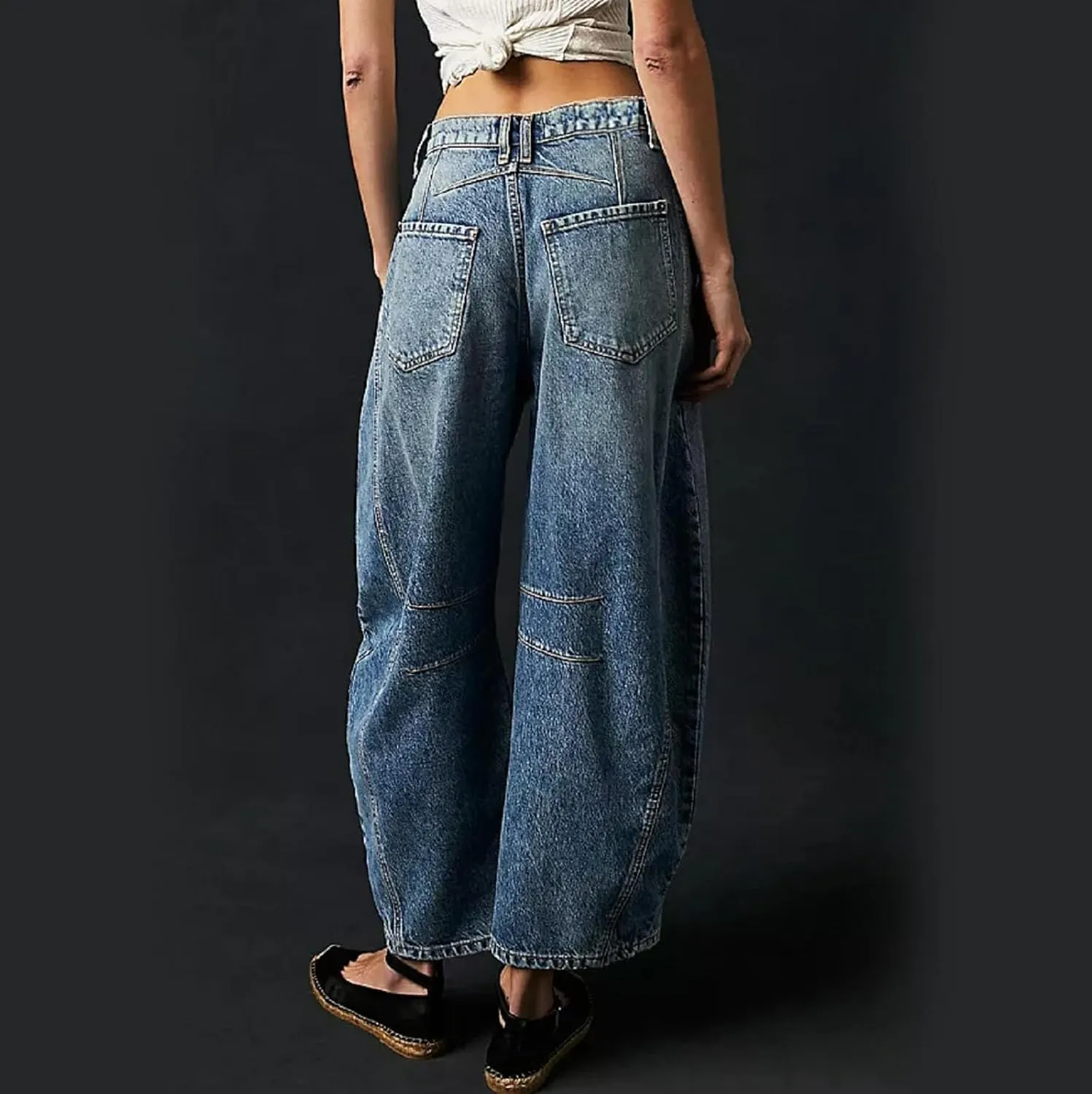 Barrel Jeans Women Casual Trendy Low Rise Baggy Wide Leg Jeans Boyfriend Vintage Cropped Trousers with Pockets