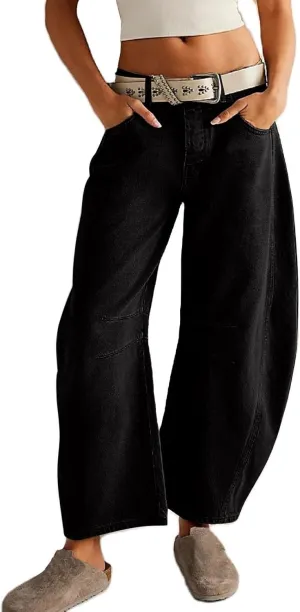 Barrel Jeans Women Casual Trendy Low Rise Baggy Wide Leg Jeans Boyfriend Vintage Cropped Trousers with Pockets