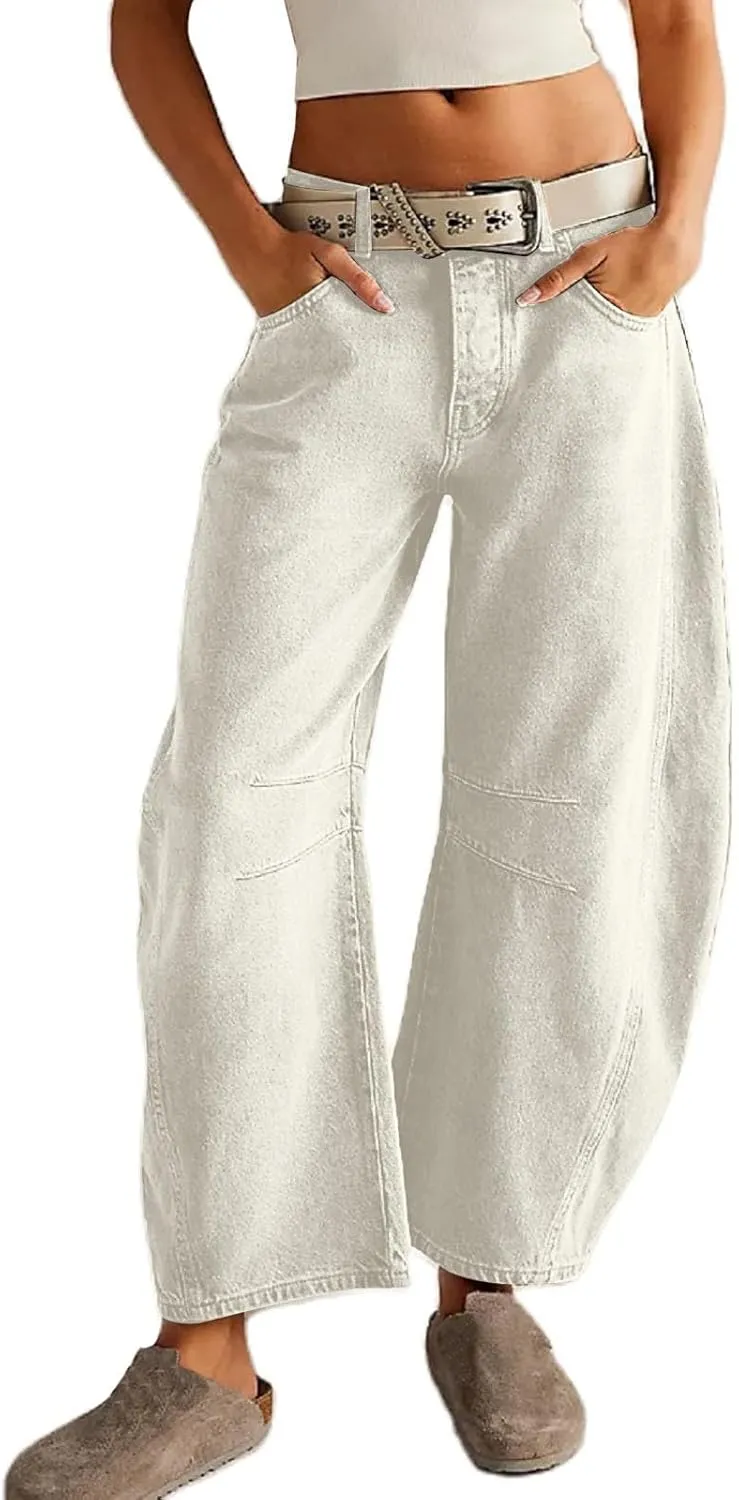 Barrel Jeans Women Casual Trendy Low Rise Baggy Wide Leg Jeans Boyfriend Vintage Cropped Trousers with Pockets