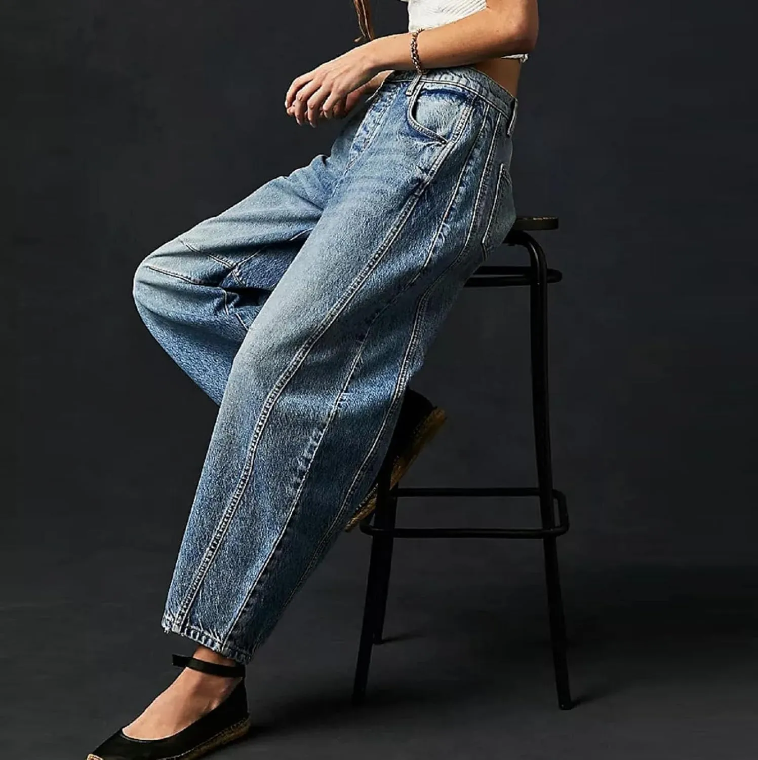 Barrel Jeans Women Casual Trendy Low Rise Baggy Wide Leg Jeans Boyfriend Vintage Cropped Trousers with Pockets