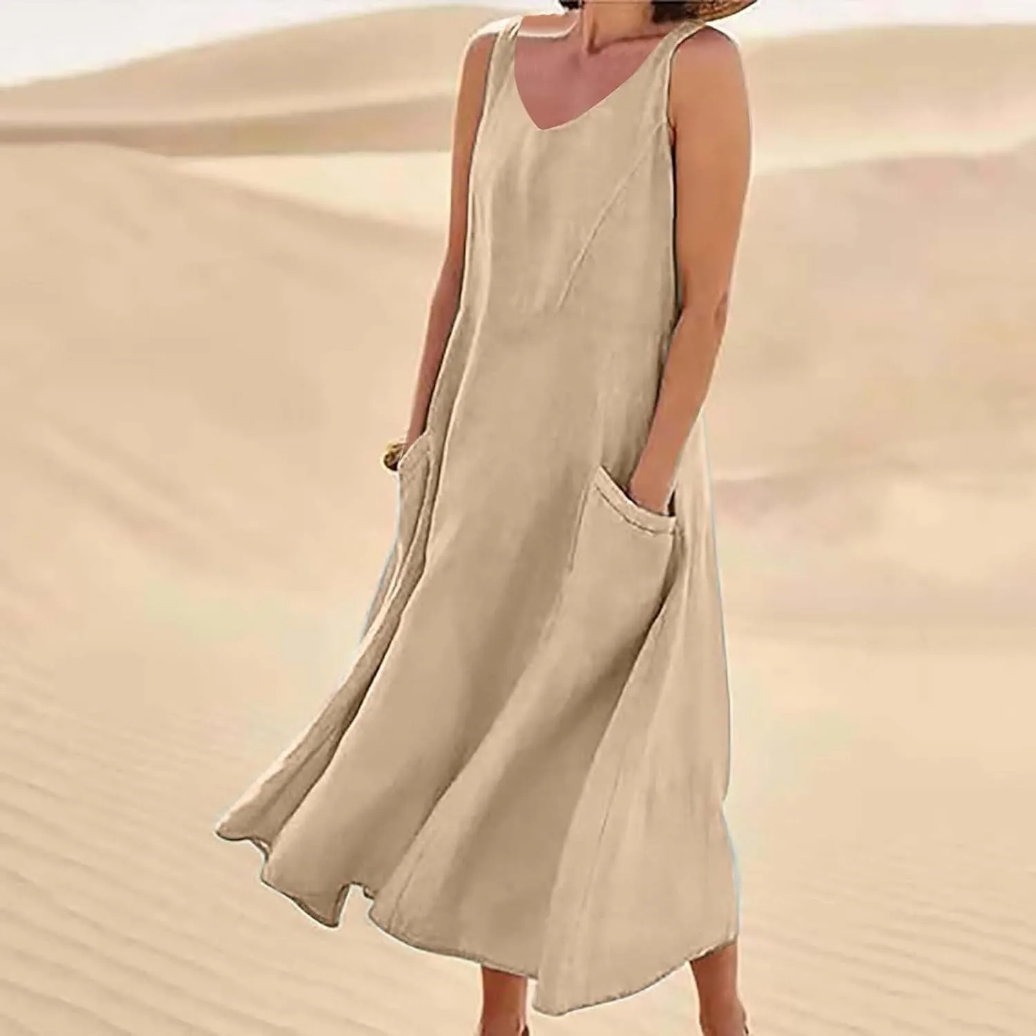 Beach Dresses for Women 2025 Color Pocket V Neck Sleeveless Casual Dress A Line Swing Casual Party Cocktail Dresses