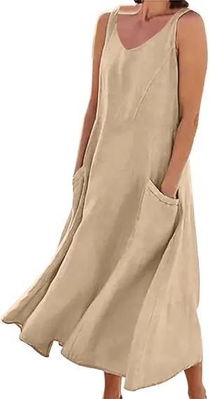 Beach Dresses for Women 2025 Color Pocket V Neck Sleeveless Casual Dress A Line Swing Casual Party Cocktail Dresses