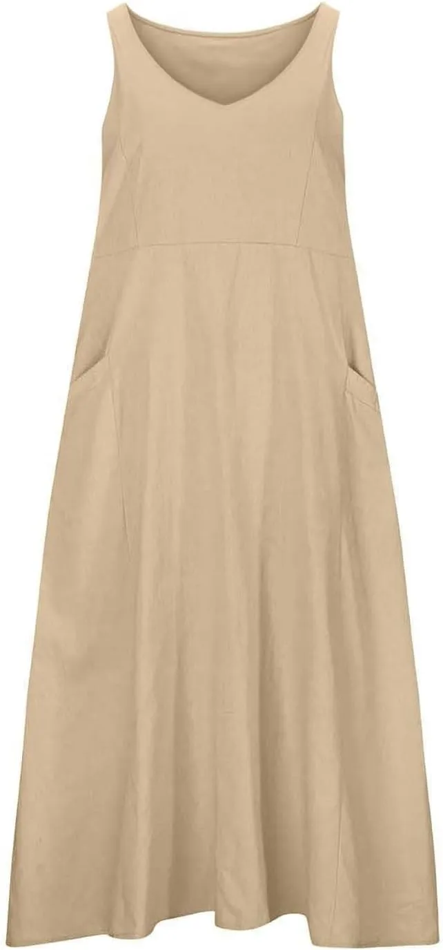 Beach Dresses for Women 2025 Color Pocket V Neck Sleeveless Casual Dress A Line Swing Casual Party Cocktail Dresses