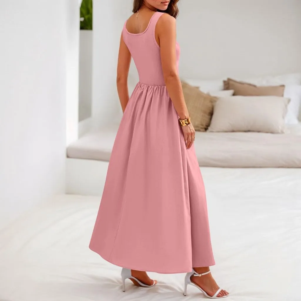 Boho Dress for Women Summer Tank Dress Casual Sundresses High Waist Sleeveless Wrap Dresses Ruffle Dresses with Pocket