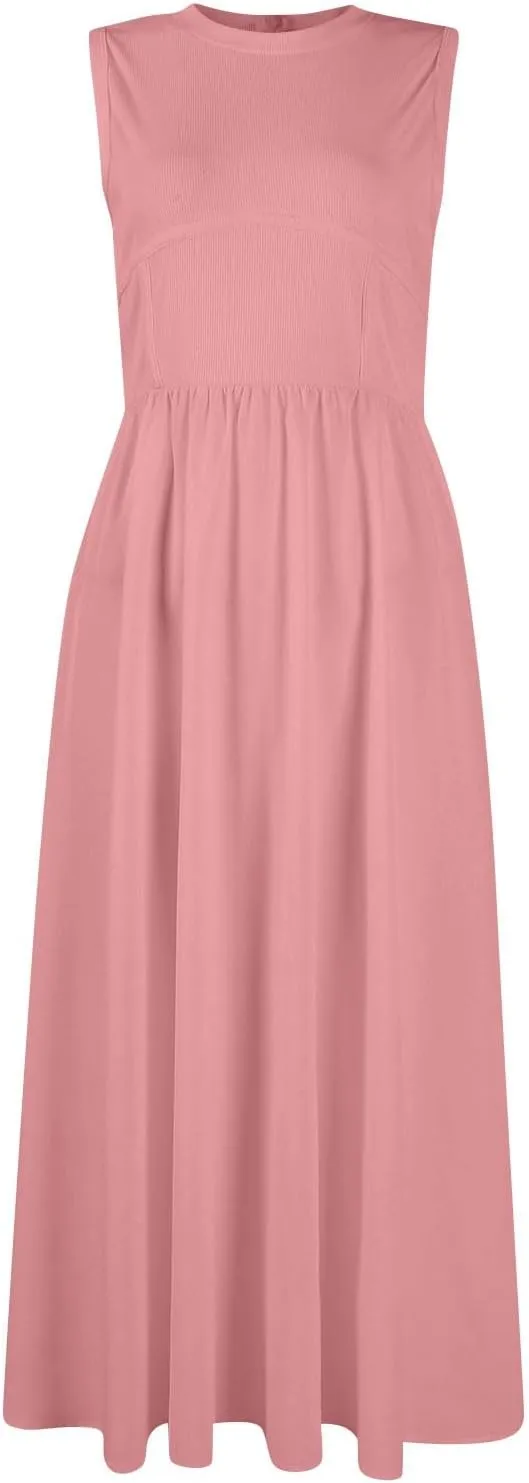 Boho Dress for Women Summer Tank Dress Casual Sundresses High Waist Sleeveless Wrap Dresses Ruffle Dresses with Pocket