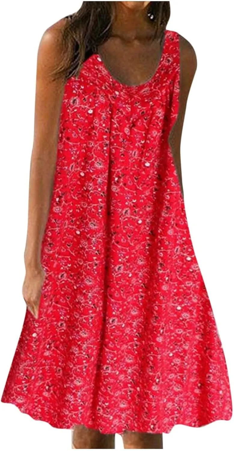 Boho Dresses for Women 2025 Summer Tank Top Dress Sun Dresses Sleeveless Short Dresses Boho Floral Dress with Pockets