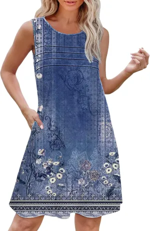 Boho Dresses for Women 2025 Womens with Pockets Summer Casual Tank Dress Sleeveless Midi Beach Dress Womens Cotton