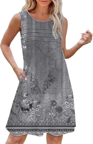 Boho Dresses for Women 2025 Womens with Pockets Summer Casual Tank Dress Sleeveless Midi Beach Dress Womens Cotton