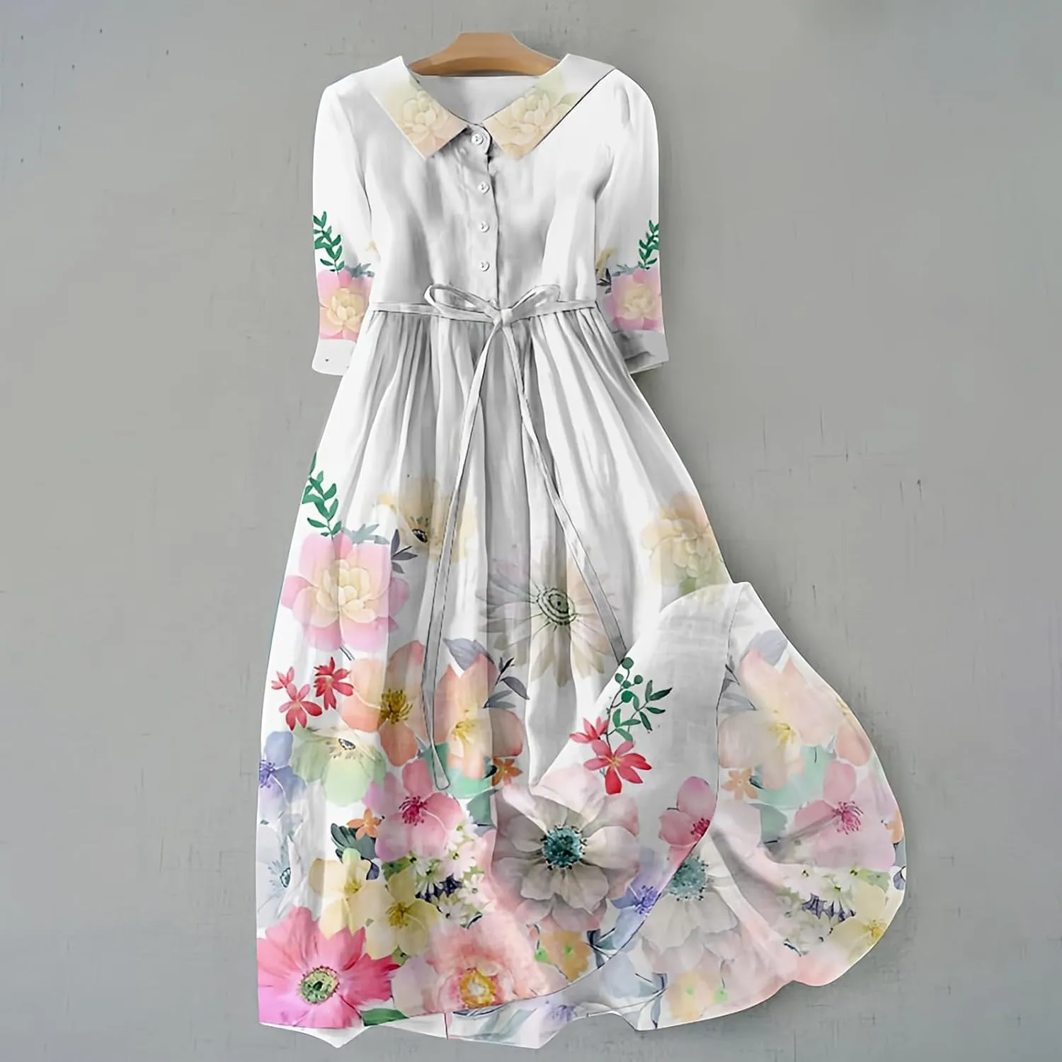 Boho Floral Dress for Women Short Sleeve Plus Size Korean Style Dresses Fashion Button Up Lapel Collar Flowy Dress
