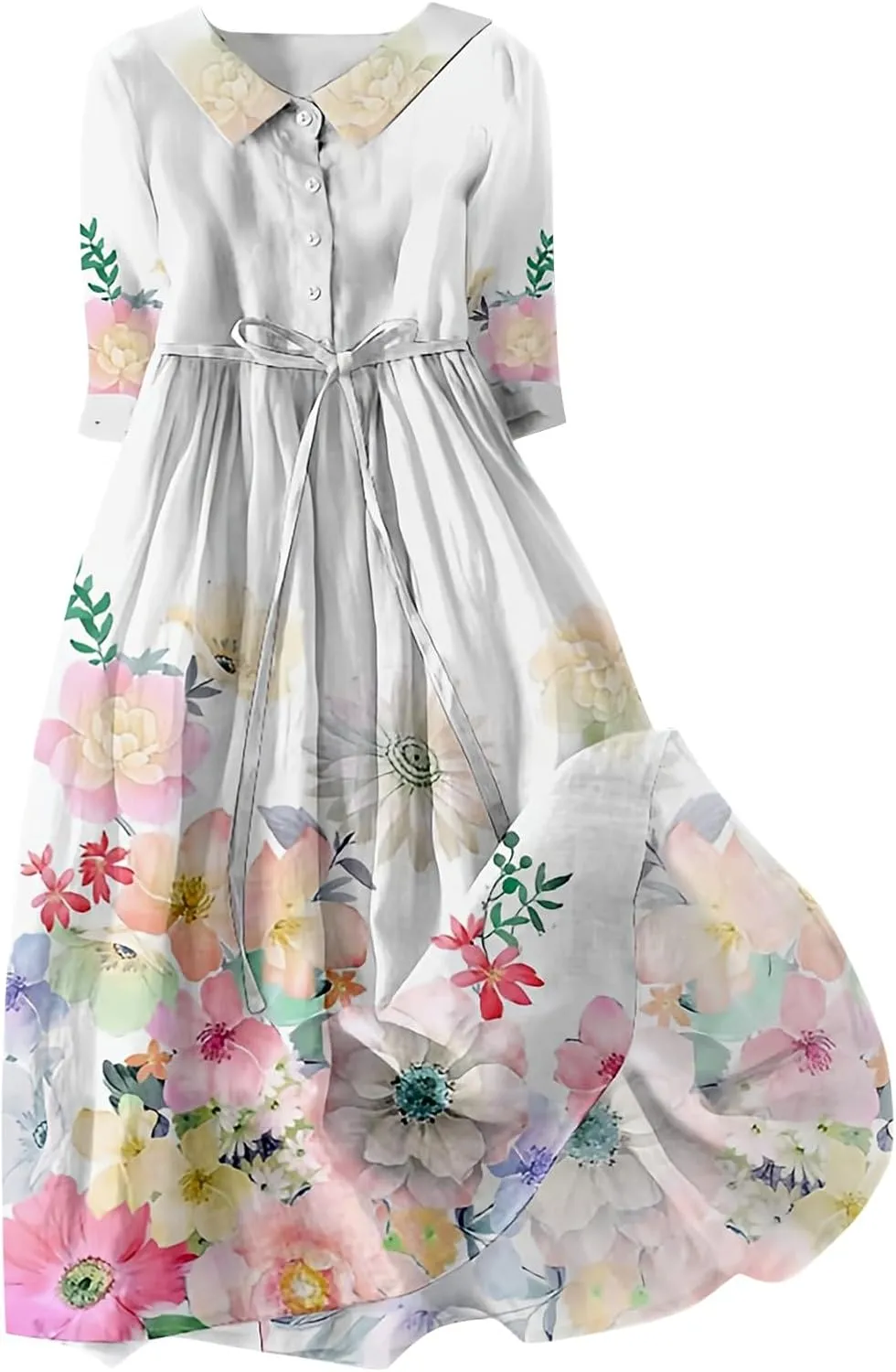 Boho Floral Dress for Women Short Sleeve Plus Size Korean Style Dresses Fashion Button Up Lapel Collar Flowy Dress