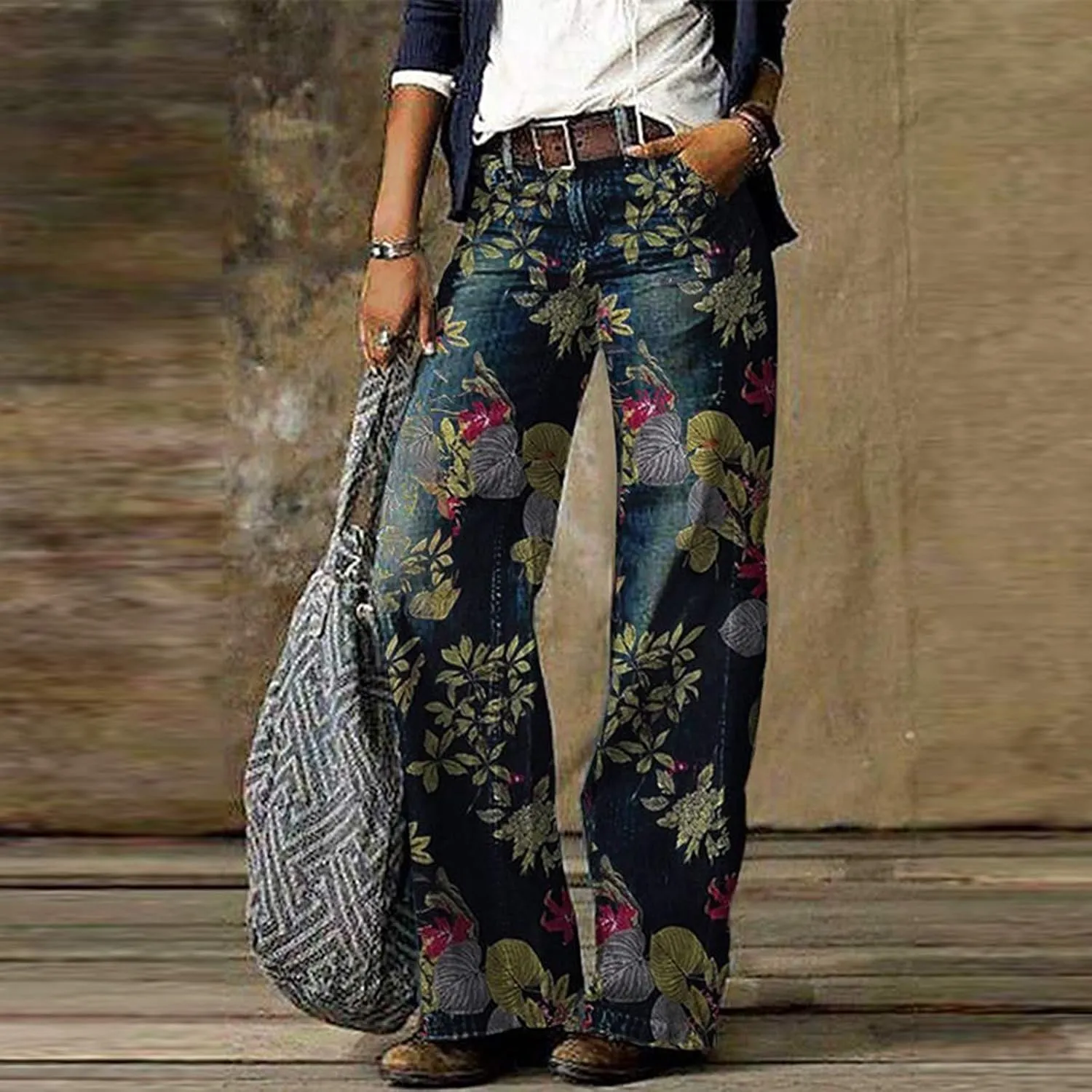 Boyfriend Jeans for Women Casual Loose Fit Patchwork Denim Pants High Waist Color Block Jeans Wide Leg Cargo Pants
