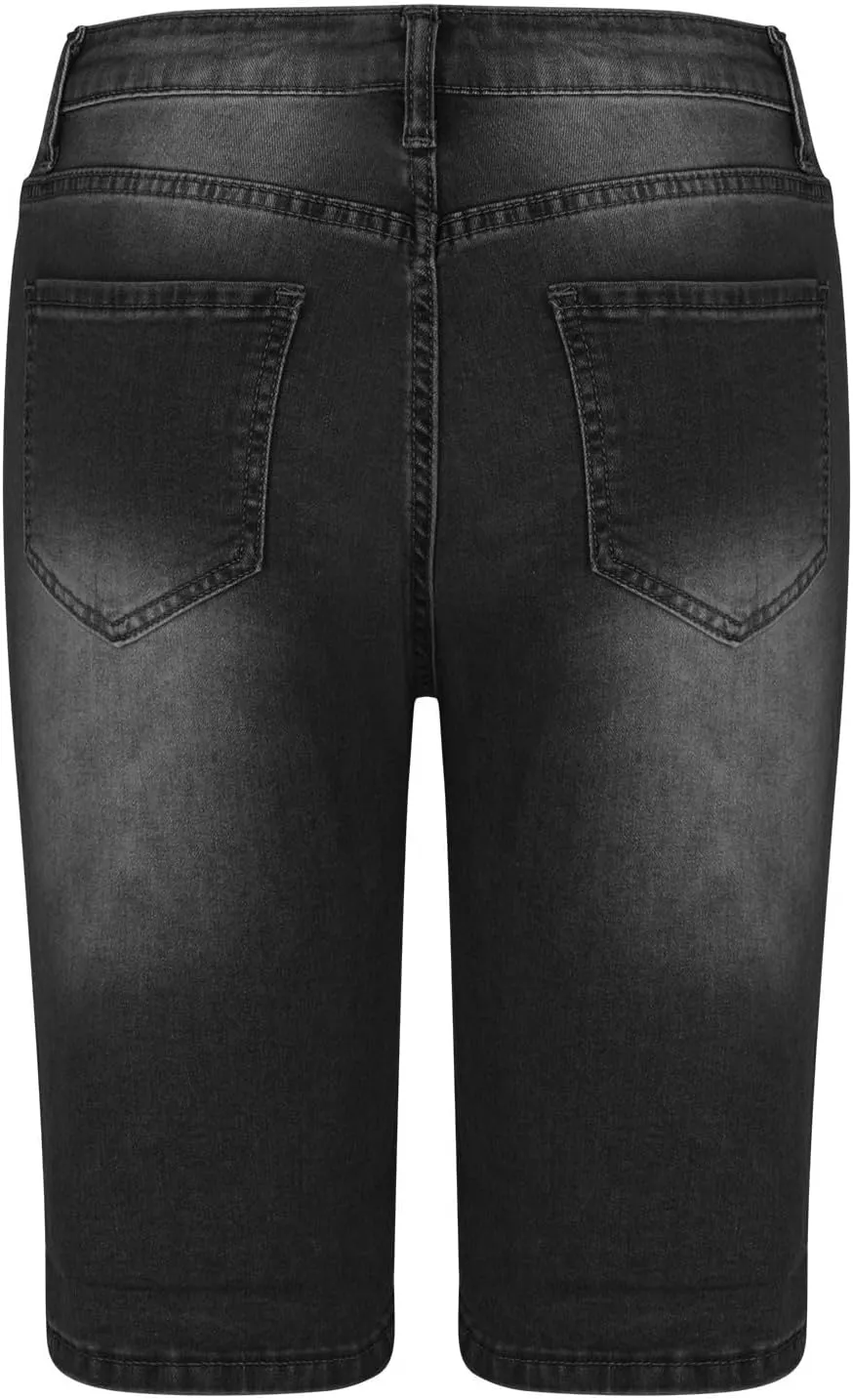 BTDECLAR Ripped Denim Shorts Women Casual Summer High Waisted Stretchy Cuffed Hem Jean Shorts Straight Leg Bermuda Shorts