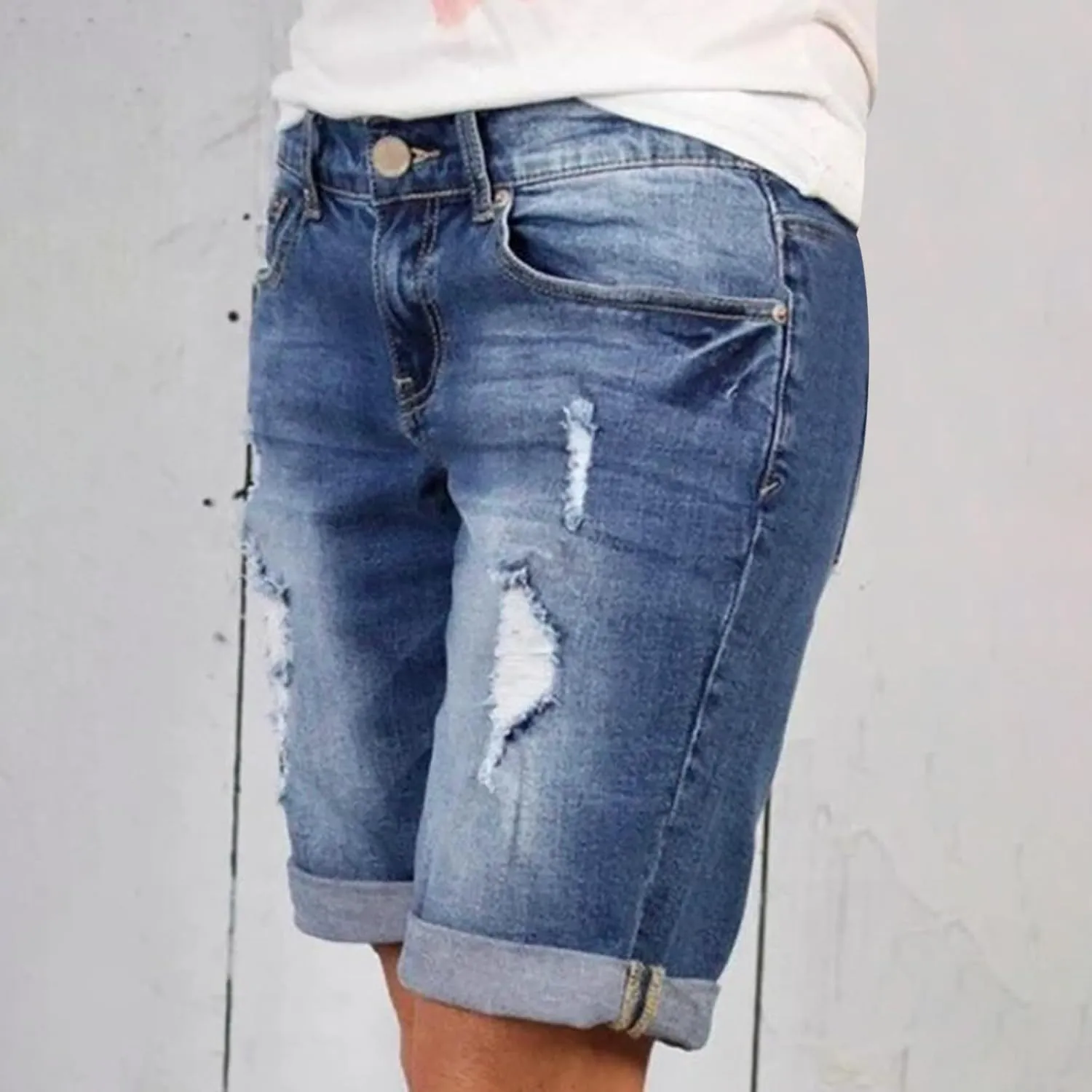 BTDECLAR Ripped Denim Shorts Women Casual Summer High Waisted Stretchy Cuffed Hem Jean Shorts Straight Leg Bermuda Shorts