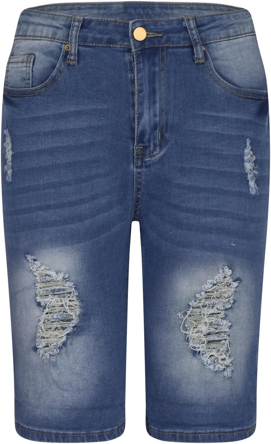 BTDECLAR Ripped Denim Shorts Women Casual Summer High Waisted Stretchy Cuffed Hem Jean Shorts Straight Leg Bermuda Shorts