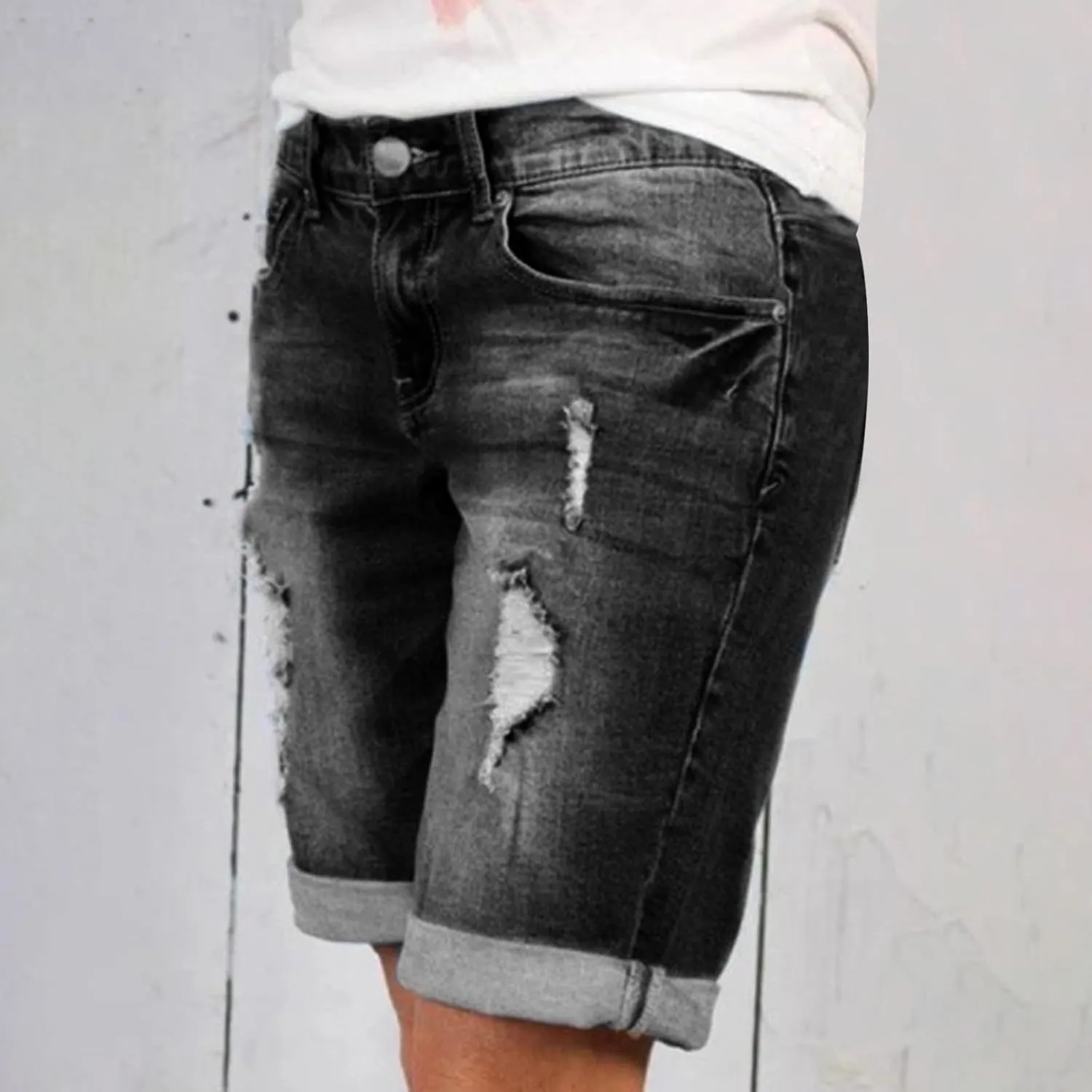 BTDECLAR Ripped Denim Shorts Women Casual Summer High Waisted Stretchy Cuffed Hem Jean Shorts Straight Leg Bermuda Shorts
