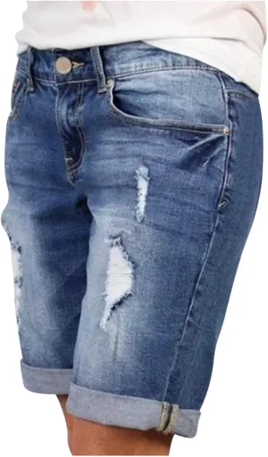 BTDECLAR Ripped Denim Shorts Women Casual Summer High Waisted Stretchy Cuffed Hem Jean Shorts Straight Leg Bermuda Shorts