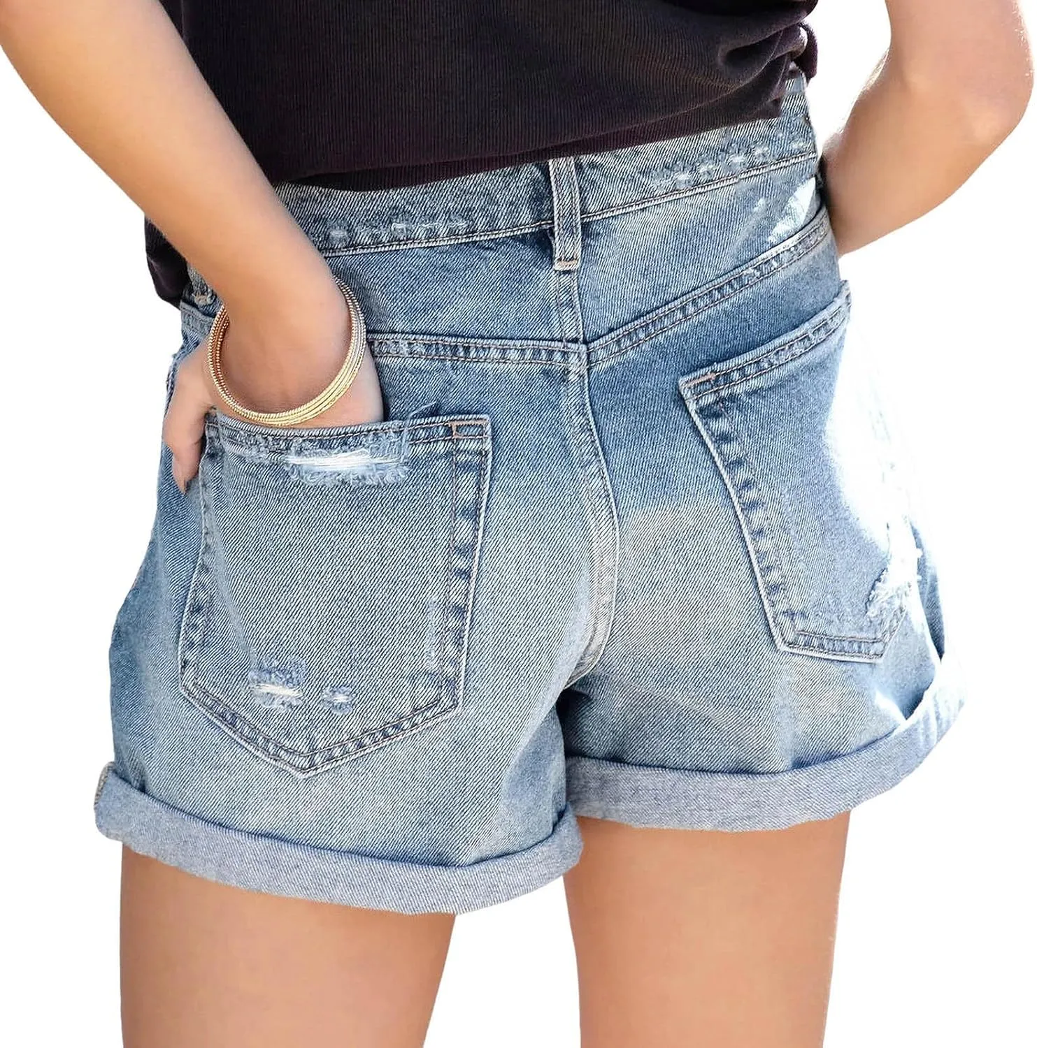 BTDECLAR Women's Ripped Denim Shorts Slim Stretchy High Waisted Casual Summer Distressed Cuffed Hem Jean Shorts with Pockets