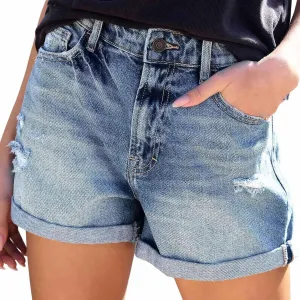 BTDECLAR Women's Ripped Denim Shorts Slim Stretchy High Waisted Casual Summer Distressed Cuffed Hem Jean Shorts with Pockets