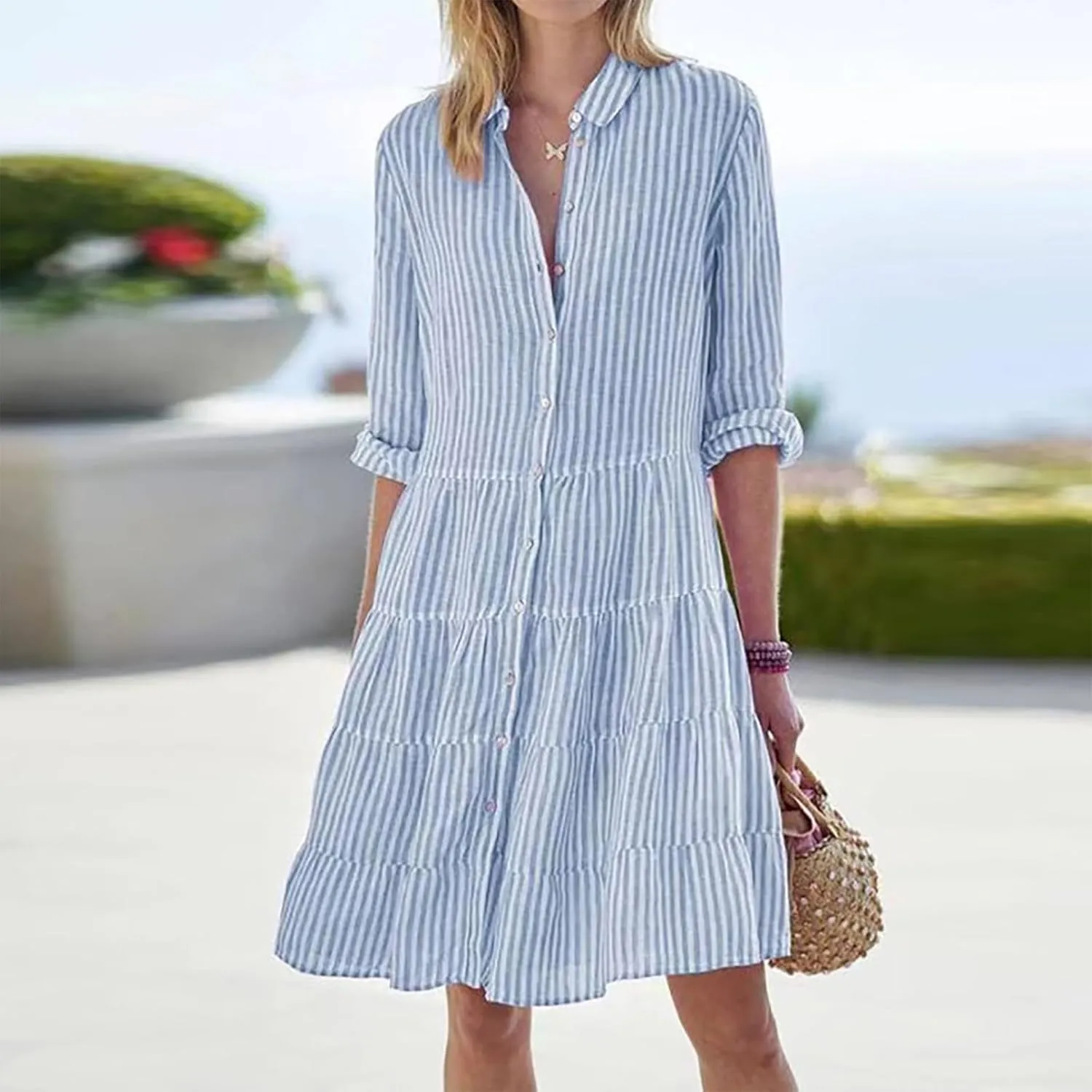 Button Down Dress for Women Summer Casual Striped Long Sleeve V Neck Lapel Dresses Loose Ruched Party Midi Dress 2025
