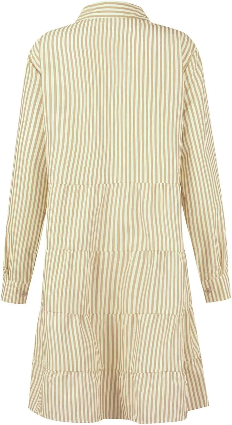 Button Down Dress for Women Summer Casual Striped Long Sleeve V Neck Lapel Dresses Loose Ruched Party Midi Dress 2025