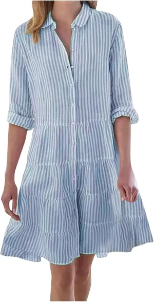 Button Down Dress for Women Summer Casual Striped Long Sleeve V Neck Lapel Dresses Loose Ruched Party Midi Dress 2025