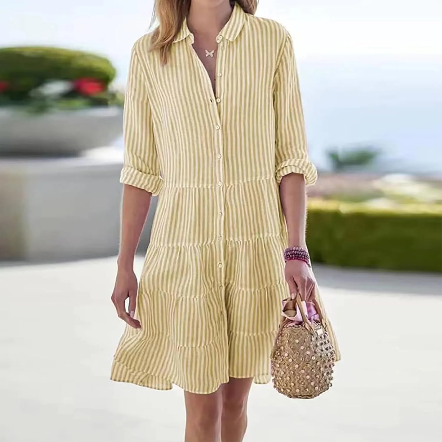 Button Down Dress for Women Summer Casual Striped Long Sleeve V Neck Lapel Dresses Loose Ruched Party Midi Dress 2025