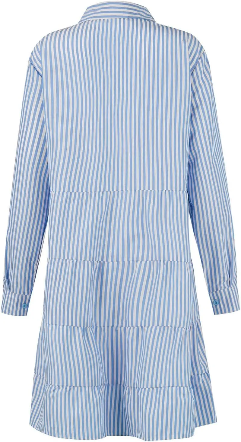 Button Down Dress for Women Summer Casual Striped Long Sleeve V Neck Lapel Dresses Loose Ruched Party Midi Dress 2025