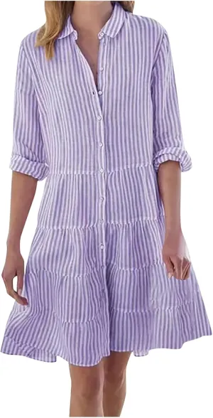 Button Down Dress for Women Summer Casual Striped Long Sleeve V Neck Lapel Dresses Loose Ruched Party Midi Dress 2025